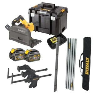 Dewalt DCS520 54V XR FLEXVOLT Brushless Plunge Saw, 2x 1.5m Guide Rails, 1x Connector Piece 2x Clamps, 1x Guide Rail Case, 2x 6.0Ah Batteries, Charger